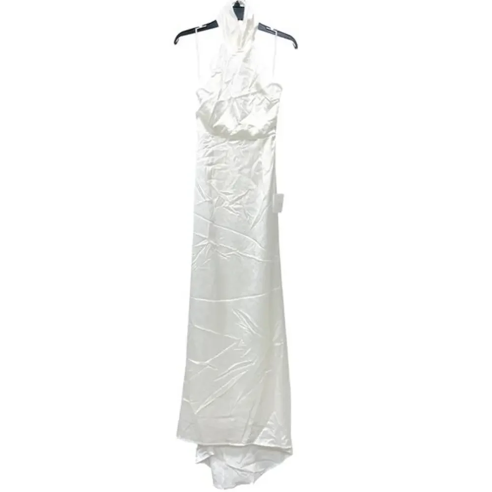 Lulus‎ Women's Luxe Destiny White Satin Backless Halter Mermaid Maxi Dress XL